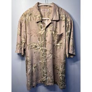 Tommy Bahama Mens Large Silk Bamboo Print Short Sleeve Button Up Camp Shirt Tan